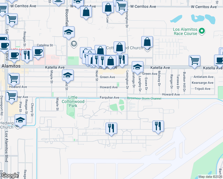 map of restaurants, bars, coffee shops, grocery stores, and more near 4352 Howard Avenue in Los Alamitos