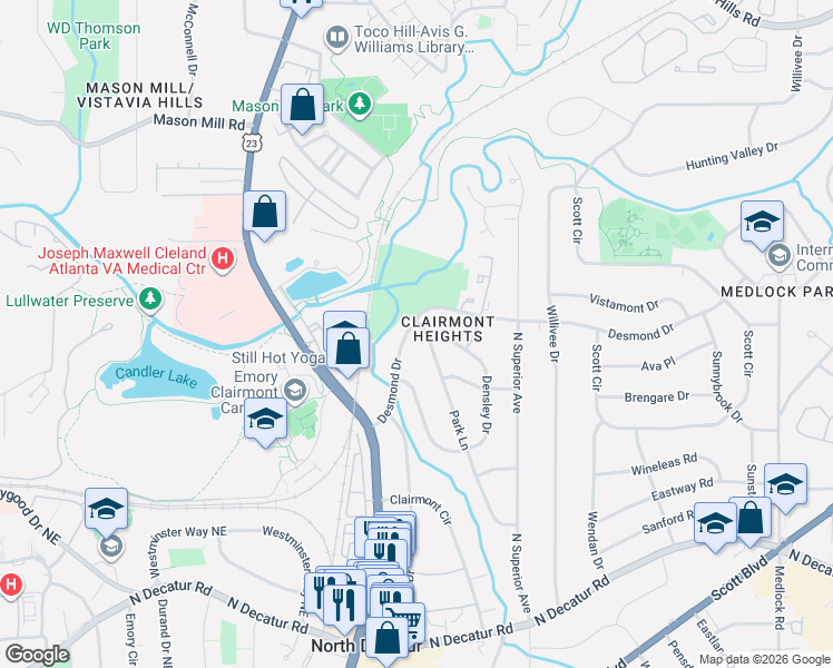 map of restaurants, bars, coffee shops, grocery stores, and more near 2064 Desmond Drive in Decatur