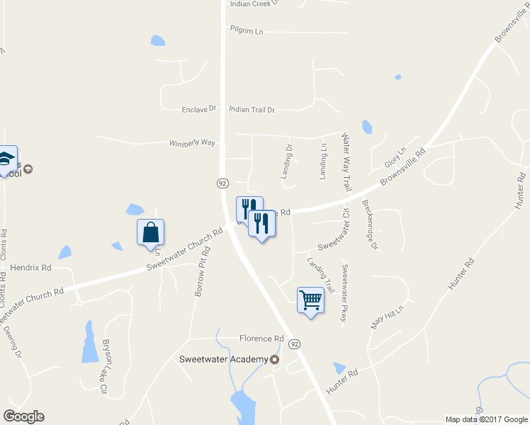 map of restaurants, bars, coffee shops, grocery stores, and more near 105 Brownsville Road in Powder Springs