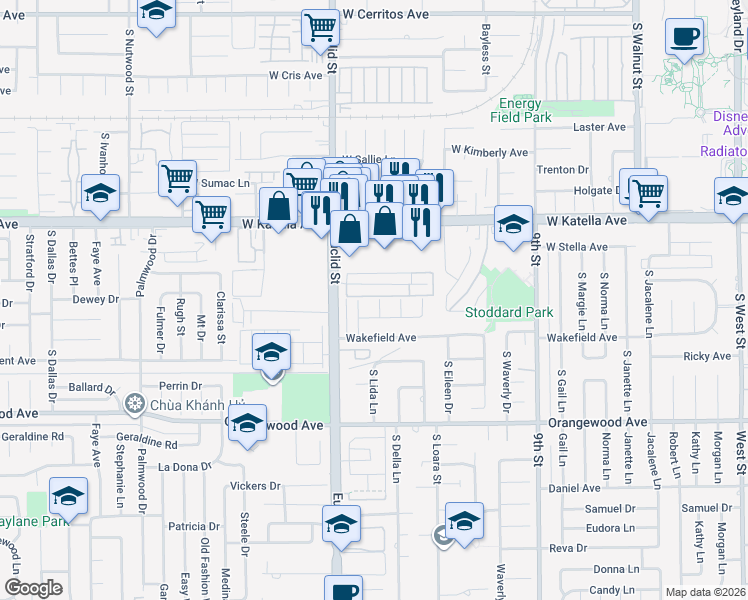 map of restaurants, bars, coffee shops, grocery stores, and more near 11191 Lida Lane in Garden Grove