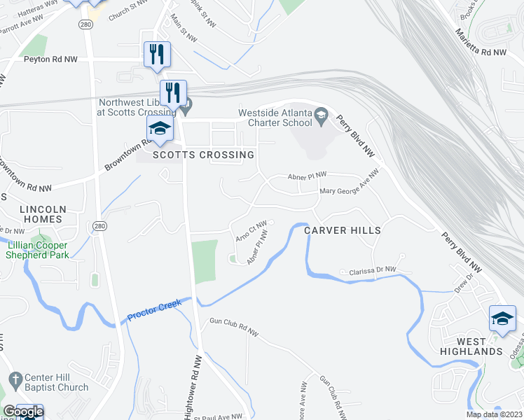 map of restaurants, bars, coffee shops, grocery stores, and more near 1585 Abner Terrace Northwest in Atlanta