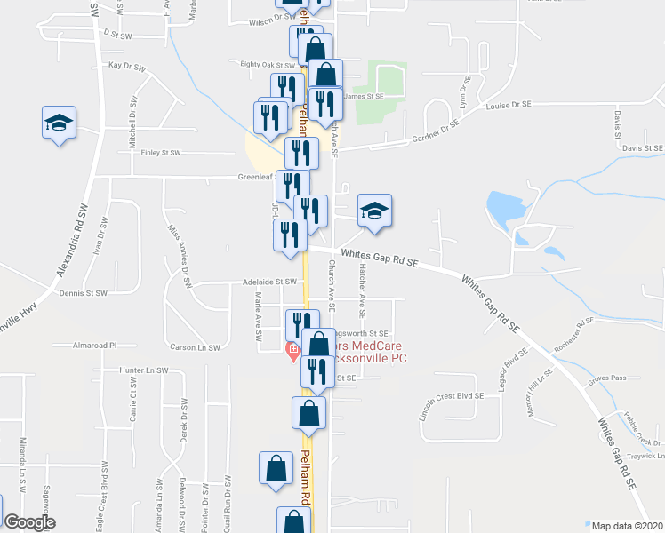 map of restaurants, bars, coffee shops, grocery stores, and more near 1204 Church Avenue Southeast in Jacksonville