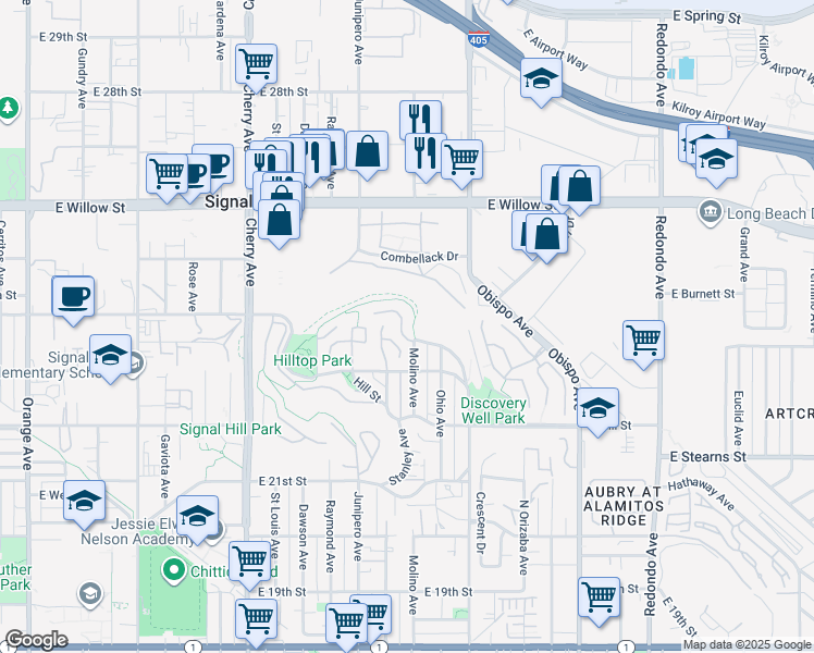 map of restaurants, bars, coffee shops, grocery stores, and more near 2581 Eastwind Way in Signal Hill