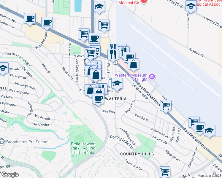 map of restaurants, bars, coffee shops, grocery stores, and more near 24438 Ward Street in Torrance