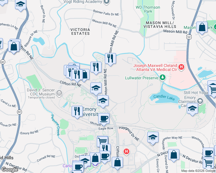 map of restaurants, bars, coffee shops, grocery stores, and more near 753 Houston Mill Road Northeast in Atlanta
