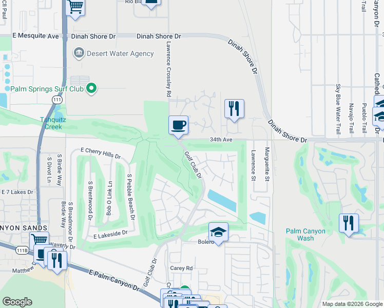 map of restaurants, bars, coffee shops, grocery stores, and more near 1900 Golf Club Drive in Palm Springs