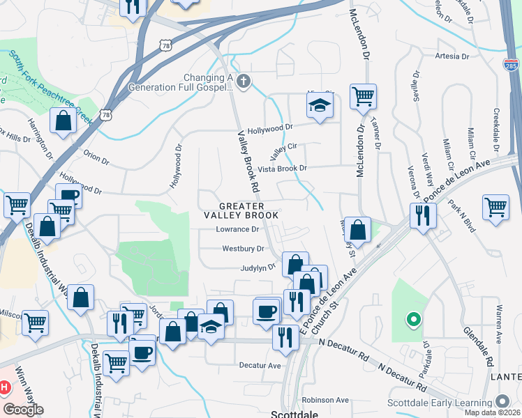 map of restaurants, bars, coffee shops, grocery stores, and more near 777 Valley Brook Road in Decatur