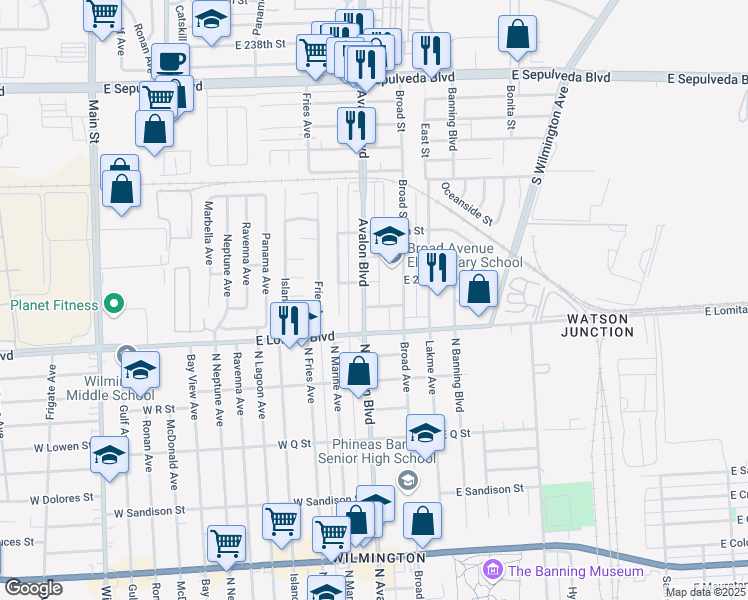 map of restaurants, bars, coffee shops, grocery stores, and more near 24820 Avalon Boulevard in Los Angeles