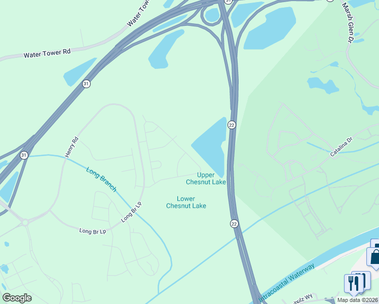 map of restaurants, bars, coffee shops, grocery stores, and more near 6263 Water Tower Road in Longs