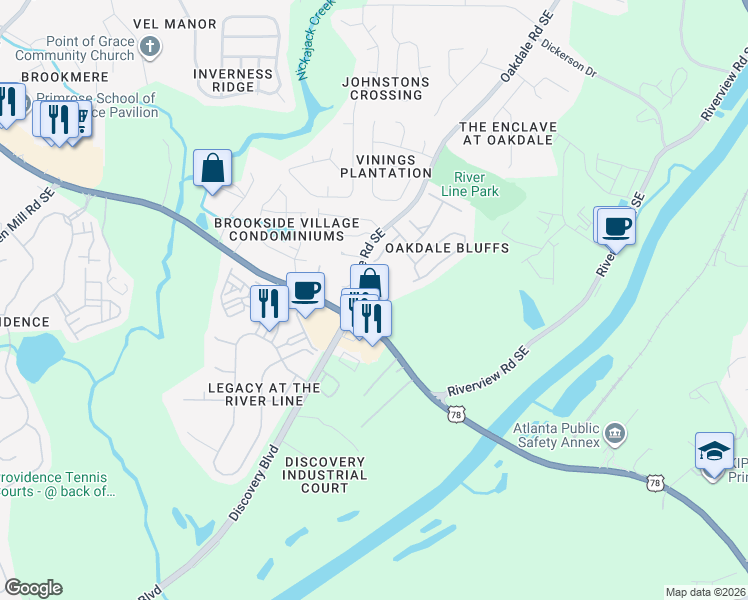 map of restaurants, bars, coffee shops, grocery stores, and more near 6217 Oakdale Road Southeast in Mableton
