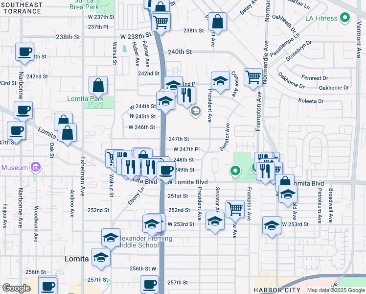 map of restaurants, bars, coffee shops, grocery stores, and more near 1611 West 247th Place in Los Angeles