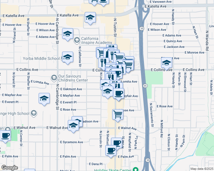 map of restaurants, bars, coffee shops, grocery stores, and more near 796 North Shattuck Place in Orange