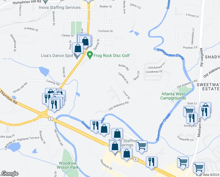 map of restaurants, bars, coffee shops, grocery stores, and more near 1804 Thrasher Court in Austell