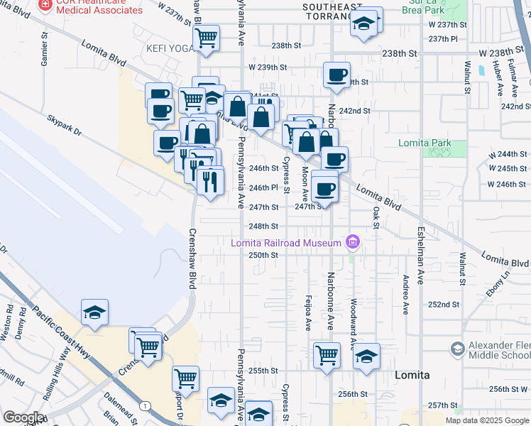 map of restaurants, bars, coffee shops, grocery stores, and more near 2355 247th Street in Lomita