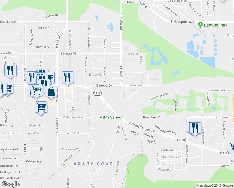 map of restaurants, bars, coffee shops, grocery stores, and more near 1849 El Cielo Road in Palm Springs