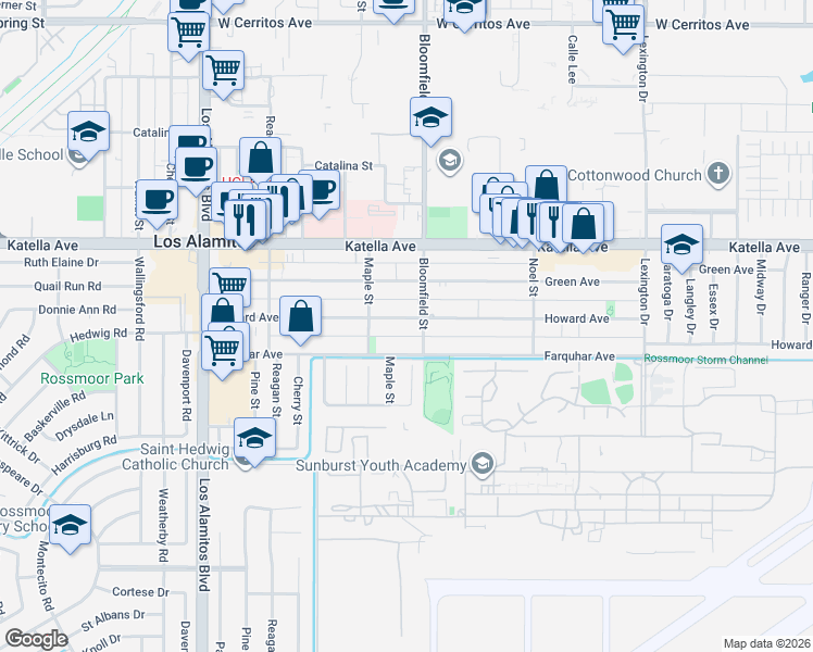 map of restaurants, bars, coffee shops, grocery stores, and more near 3944 Howard Avenue in Los Alamitos