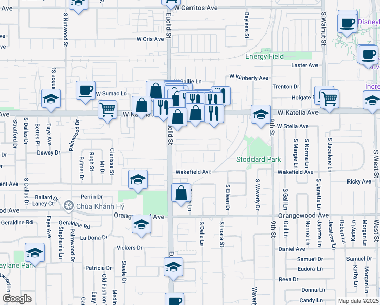 map of restaurants, bars, coffee shops, grocery stores, and more near 11191 Lida Lane in Garden Grove