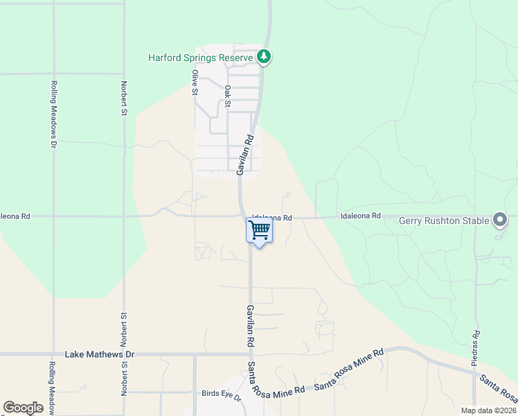 map of restaurants, bars, coffee shops, grocery stores, and more near 17330 Idaleona Road in Perris