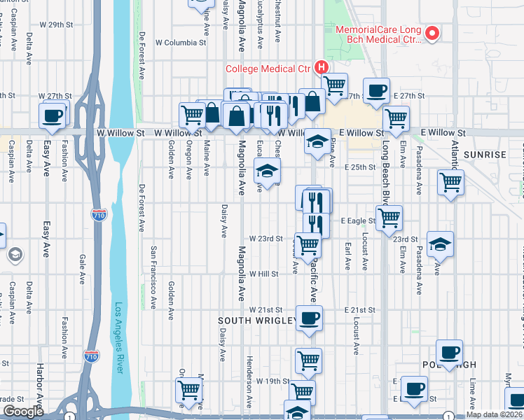 map of restaurants, bars, coffee shops, grocery stores, and more near 2376 Eucalyptus Avenue in Long Beach