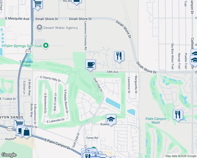 map of restaurants, bars, coffee shops, grocery stores, and more near 1900 Golf Club Drive in Palm Springs