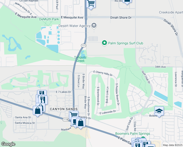 map of restaurants, bars, coffee shops, grocery stores, and more near 4995 East Cherry Hills Drive in Palm Springs