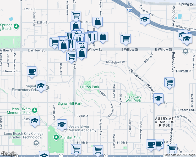 map of restaurants, bars, coffee shops, grocery stores, and more near 2329 Promontory Drive in Signal Hill