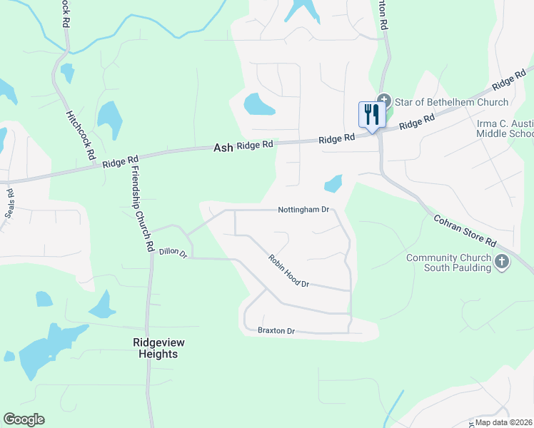 map of restaurants, bars, coffee shops, grocery stores, and more near 304 Nottingham Drive in Douglasville
