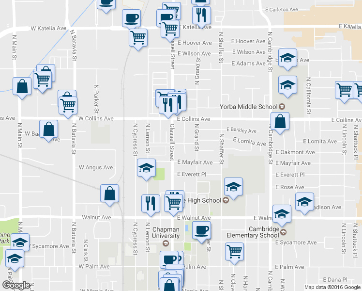map of restaurants, bars, coffee shops, grocery stores, and more near 820 North Orange Street in Orange