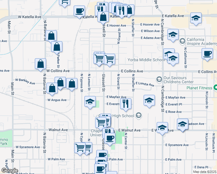 map of restaurants, bars, coffee shops, grocery stores, and more near 820 North Orange Street in Orange