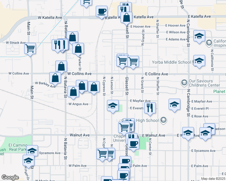 map of restaurants, bars, coffee shops, grocery stores, and more near 829 North Lemon Street in Orange