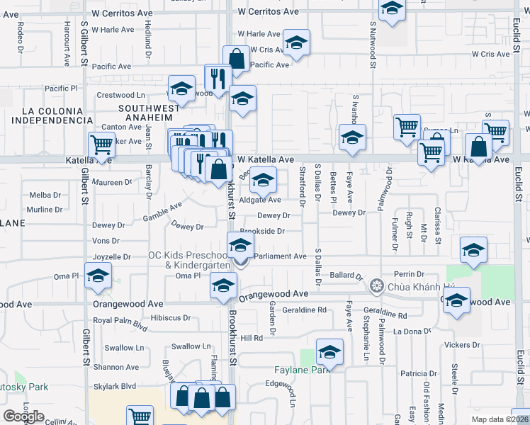 map of restaurants, bars, coffee shops, grocery stores, and more near 10111 Dewey Drive in Garden Grove