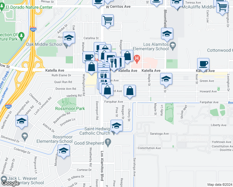 map of restaurants, bars, coffee shops, grocery stores, and more near 3647 Howard Avenue in Los Alamitos