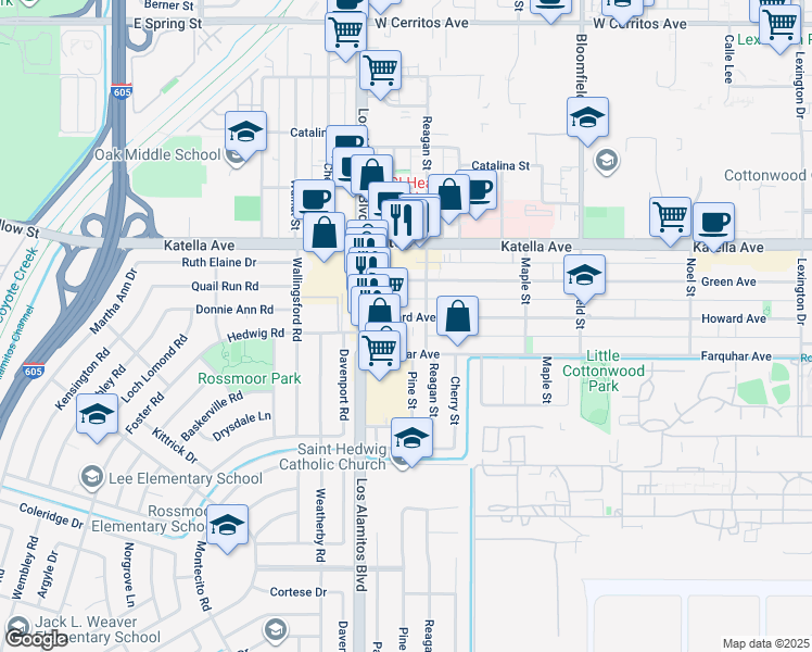 map of restaurants, bars, coffee shops, grocery stores, and more near 3647 Howard Avenue in Los Alamitos