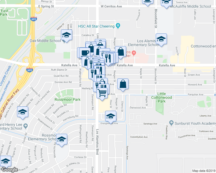 map of restaurants, bars, coffee shops, grocery stores, and more near 3561 Howard Avenue in Los Alamitos