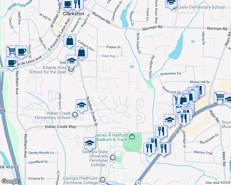 map of restaurants, bars, coffee shops, grocery stores, and more near 778 Ridgeland Trail in Clarkston