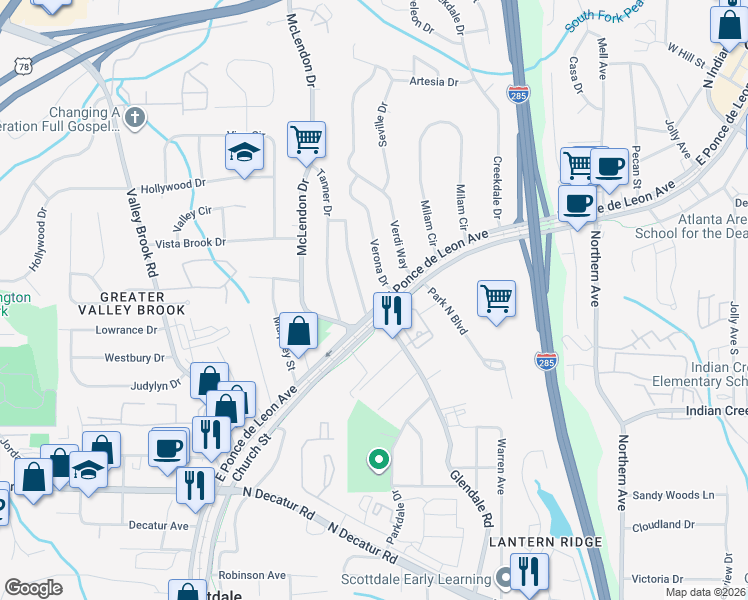 map of restaurants, bars, coffee shops, grocery stores, and more near 3650 East Ponce de Leon Avenue in Scottdale