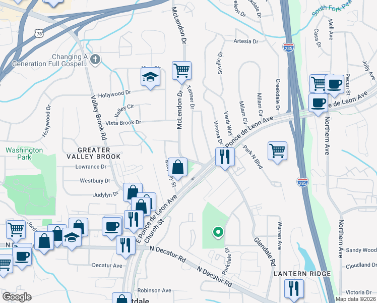 map of restaurants, bars, coffee shops, grocery stores, and more near 795 McLendon Drive in Scottdale