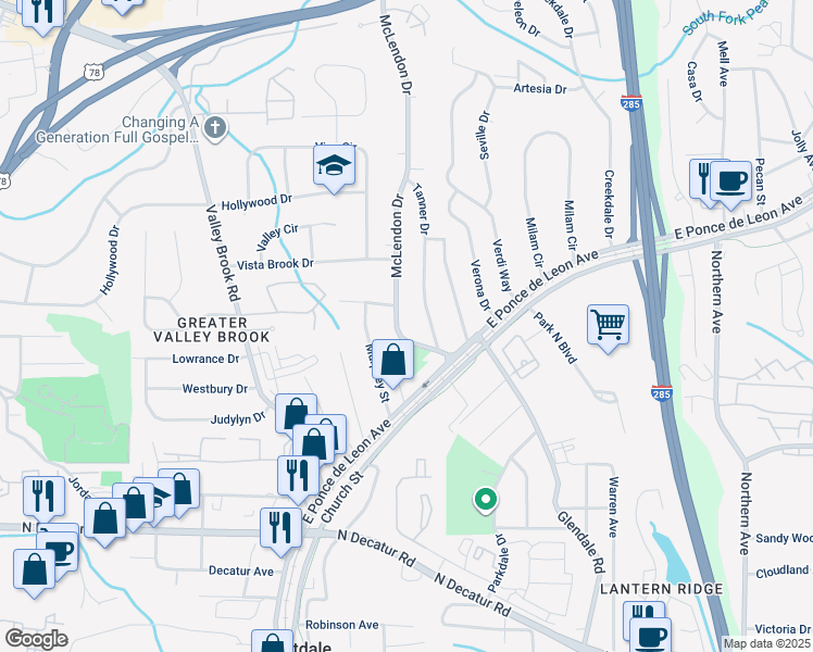 map of restaurants, bars, coffee shops, grocery stores, and more near 795 McLendon Drive in Scottdale