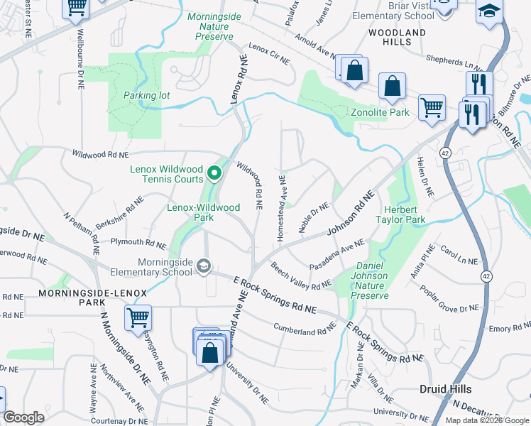map of restaurants, bars, coffee shops, grocery stores, and more near 1694 Wildwood Road Northeast in Atlanta