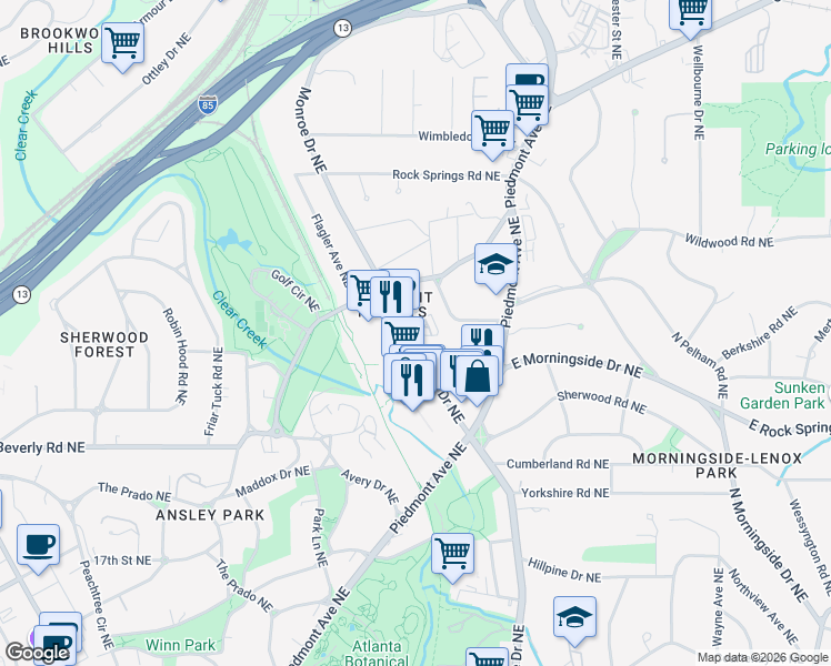 map of restaurants, bars, coffee shops, grocery stores, and more near 515 Ansley Circle Northeast in Atlanta