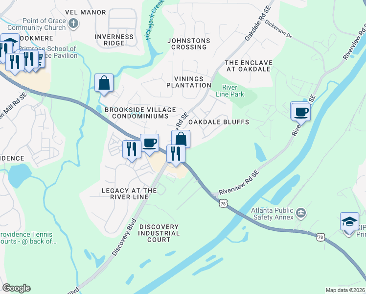 map of restaurants, bars, coffee shops, grocery stores, and more near 6217 Oakdale Road Southeast in Mableton