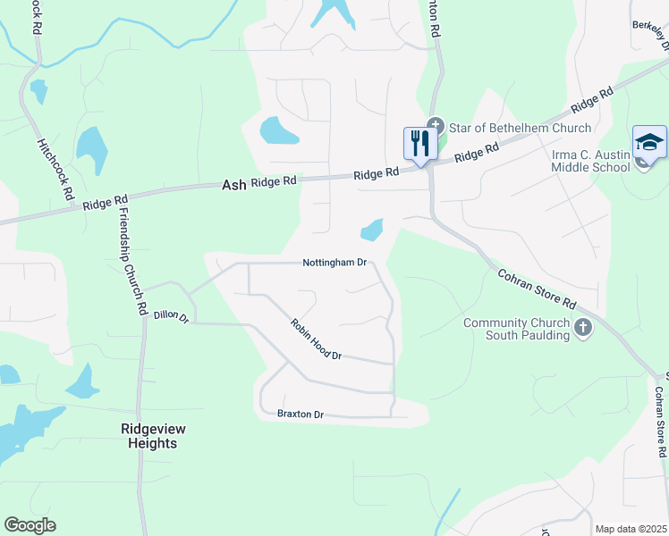 map of restaurants, bars, coffee shops, grocery stores, and more near 424 Nottingham Drive in Douglasville