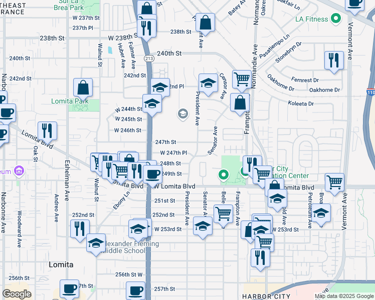 map of restaurants, bars, coffee shops, grocery stores, and more near 1511 West 247th Place in Los Angeles