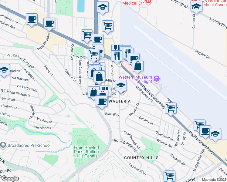 map of restaurants, bars, coffee shops, grocery stores, and more near 24438 Ward Street in Torrance