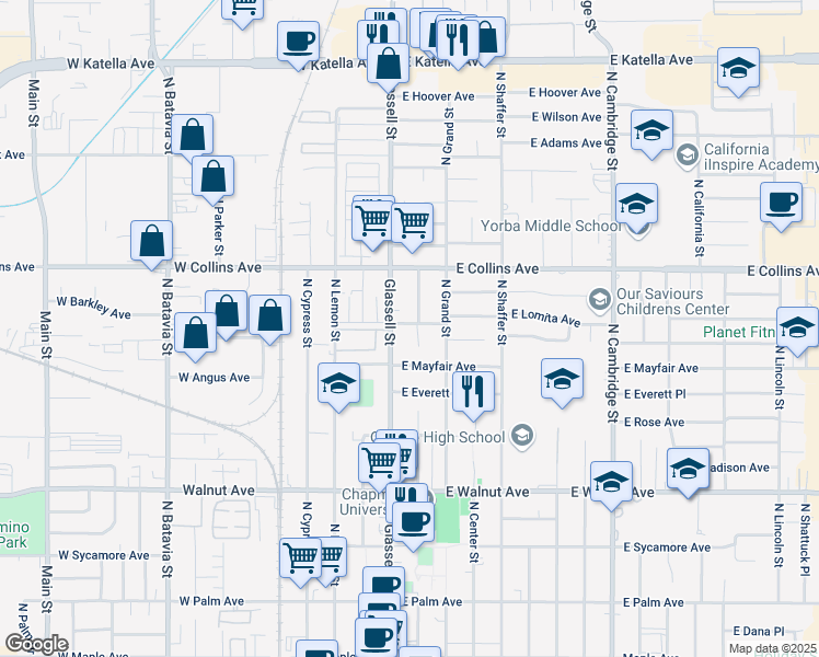 map of restaurants, bars, coffee shops, grocery stores, and more near 820 North Orange Street in Orange