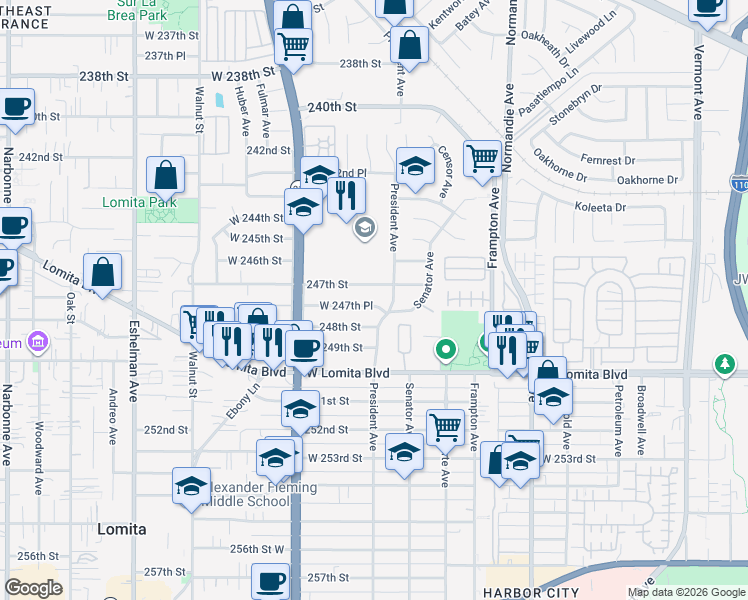 map of restaurants, bars, coffee shops, grocery stores, and more near 1511 West 247th Place in Los Angeles