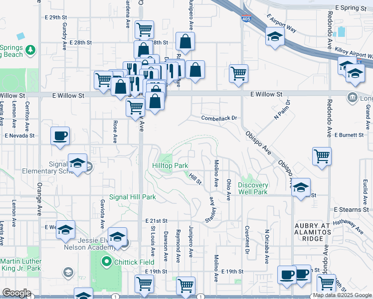 map of restaurants, bars, coffee shops, grocery stores, and more near 2329 Promontory Drive in Signal Hill