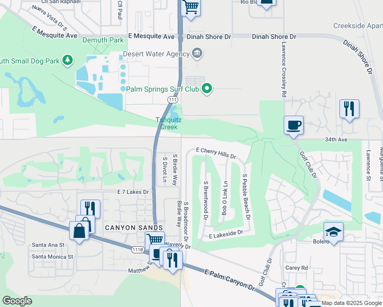 map of restaurants, bars, coffee shops, grocery stores, and more near 4995 East Cherry Hills Drive in Palm Springs
