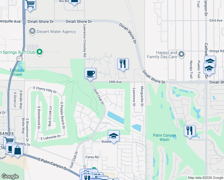 map of restaurants, bars, coffee shops, grocery stores, and more near 6087 Montecito Circle in Palm Springs
