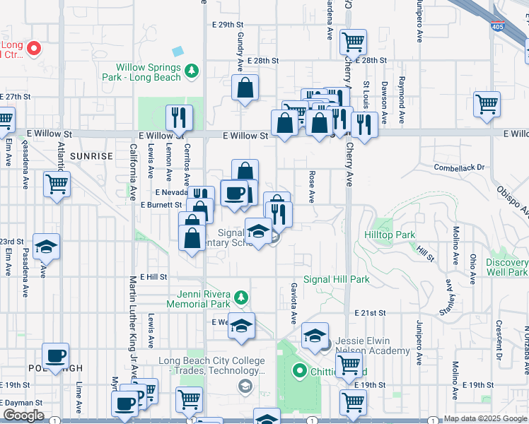 map of restaurants, bars, coffee shops, grocery stores, and more near 1505 East Burnett Street in Signal Hill